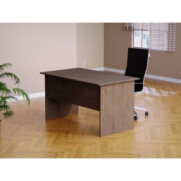 Mahmayi MP1 brown woodgrain writing desk styled in a modern office setting with black executive chair and herringbone floor