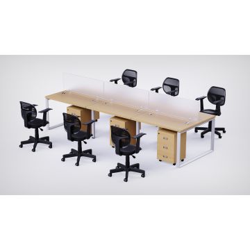 Mahmayi 6 seater Loop workstation in Oak finish with polycarbonate dividers oak pedestal drawers and black mesh chairs angled view