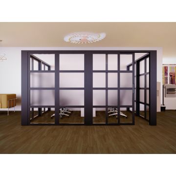 Mahmayi black aluminum framed glass sliding door with center frost panels shown open in a modern office setting