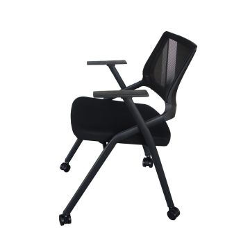 Mahmayi SL 632L black folding chair with mesh back fabric seat and four caster wheels shown from angled side view