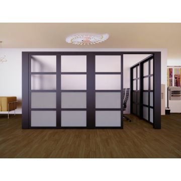 Mahmayi black aluminum sliding glass partition door with fabric frosted panels shown open in a modern office interior