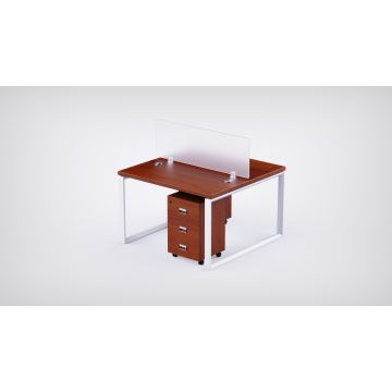 Mahmayi 2 seater Loop workstation apple cherry melamine worktop white loop frame polycarbonate divider and mobile drawer pedestal angled view