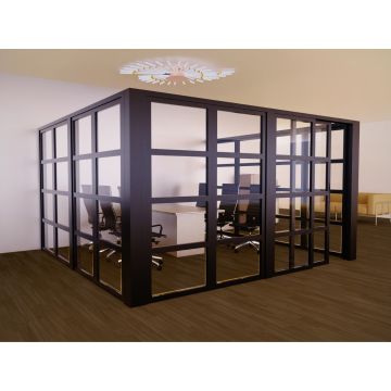 Mahmayi black aluminium framed full clear glass partition enclosing a conference room with sliding door entry in an open office