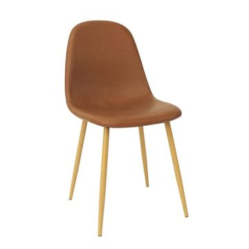 Mahmayi HYDC001 brown PU cushion dining chair with wood-finish metal legs on white background