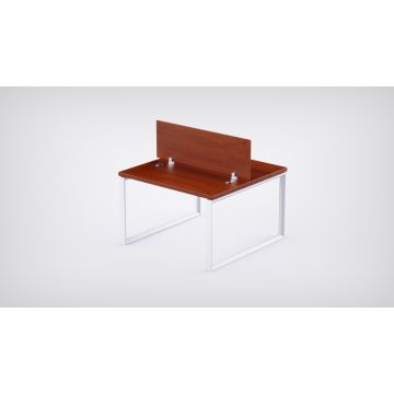 Mahmayi 2 seater Loop workstation apple cherry melamine worktop white closed rectangular loop steel frame with central wood divider front angle view