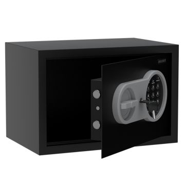 Mahmayi Seguri 20Ea black digital safe with door open showing keypad and steel locking bolts