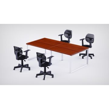 Mahmayi 4 Seater Loop Workstation Apple Cherry worktop white closed rectangular loop frame with 4 black mesh chairs angled view