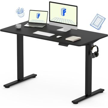 black electric standing desk with digital keypad and headset hook
