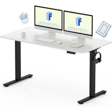 White adjustable standing desk with black legs  featuring dual monitors  a keyboard  mouse  cup  notebook  and headphones hanging on the side.