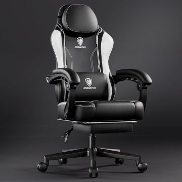 Black and white high back gaming chair with headrest lumbar cushion and footrest