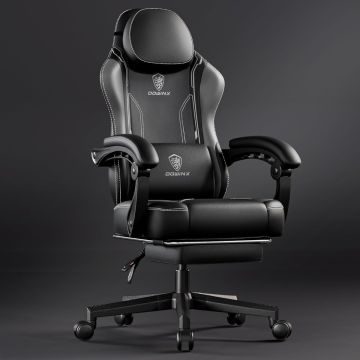 Grey high back gaming chair with headrest and footrest