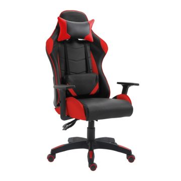 Mahmayi red and black high-back gaming chair with lumbar cushion and headrest pillow on five-star wheeled base
