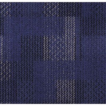 Close-up of a textured fabric in deep blue with a plaid pattern and varying knit designs.
