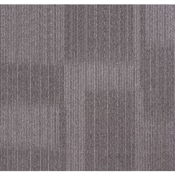 Gray textured carpet with a subtle striped pattern and tonal variations.