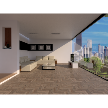 Modern living room with beige sectional sofa  glass coffee table  large floor-to-ceiling window offering a city skyline view  and herringbone wood flooring.