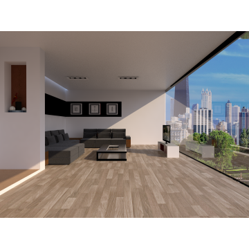 Modern living room with large gray sectional sofa  wooden flooring  and floor-to-ceiling window offering a city skyline view.
