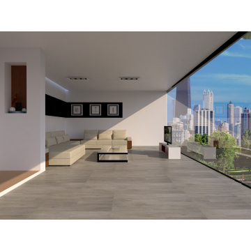 Modern living room with beige sectional sofa  glass coffee table  flat-screen TV  large floor-to-ceiling window with cityscape view.
