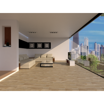 Modern living room with beige sectional sofa  glass coffee table  light wood flooring  and large floor-to-ceiling window revealing cityscape.