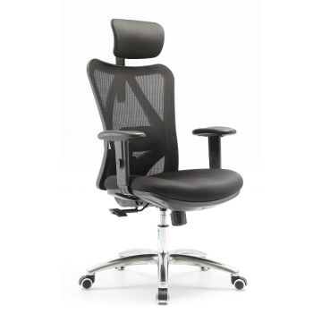 Black mesh ergonomic office chair with headrest front left angle