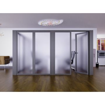 Grey aluminium framed frosted glass partition wall with open swing door in modern office setting