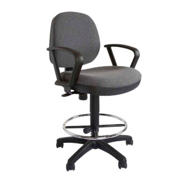 Sephora grey fabric drafting task chair with loop armrests chrome footring and five-star caster base front angle view