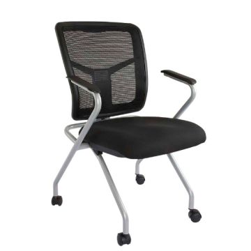 Aura 840NSF folding guest chair with black mesh back padded seat silver frame and castors shown at an angle