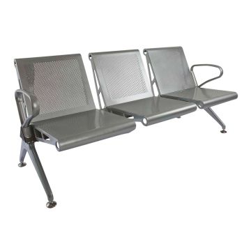Banco HF 3 seater silver metal waiting bench with perforated backs and armrests shown at an angle