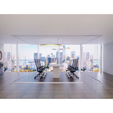 Modern conference room with large windows  black ergonomic chairs  white table  and cityscape view in the background.