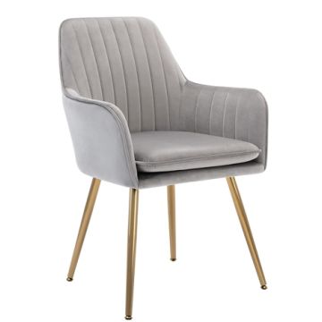 Mahmayi HYDC031G grey velvet dining armchair with gold metal legs and vertical channel tufting on white background