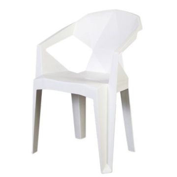Muze 94PNA white stackable plastic armchair with geometric faceted backrest shown at an angle
