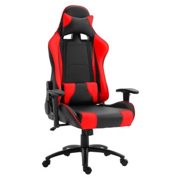 Mahmayi Gumi high back black and red PU leatherette gaming chair angled front view with adjustable armrests and five-star base