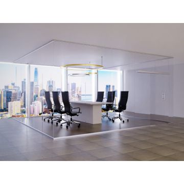 Mahmayi full clear glass cabin with sliding door enclosing a conference room with black executive chairs and city skyline view