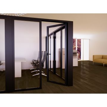 Modern office space with glass partitions  black-framed doors  black swivel chairs  a white conference table  and wooden flooring.
