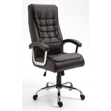 Mahmayi C351 highback executive office chair in dark brown PU upholstery with tufted back and chrome armrest frame front angle view