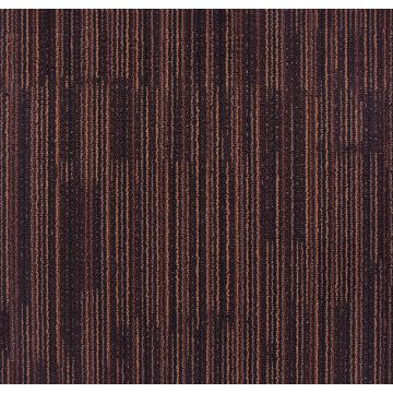Brown striped textured carpet with varying shades of dark and light brown vertical lines.