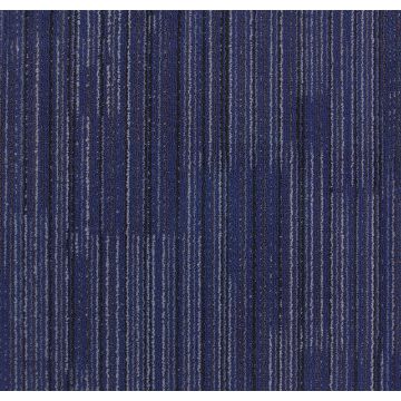 Blue and gray striped carpet with a textured pattern.