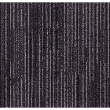 Close-up texture of Mahmayi Yellowknife smoke black carpet tile showing ribbed linear pattern in dark charcoal and grey tones