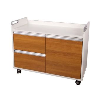 White and wood mobile storage cart with two drawers and two cabinet doors on wheels.