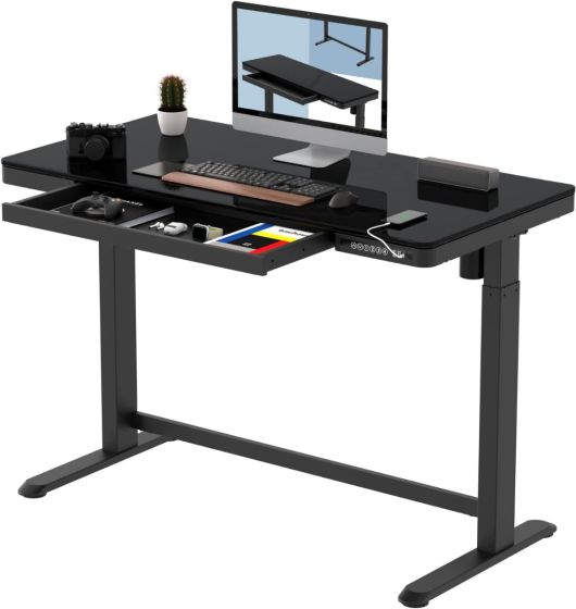 Mahmayi Flexispot Electric Height Adjustable Standing Desk With Drawer 48 X 24 Inch Tempered Glass Black Desktop & Frame Home Office Computer Workstation