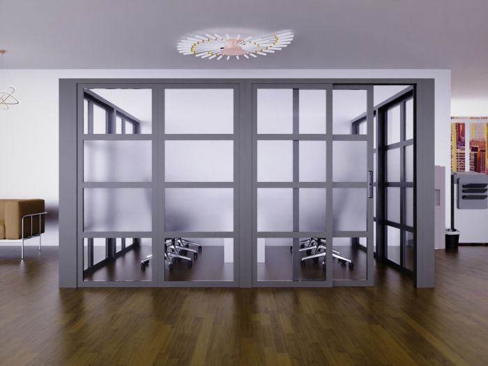 Mahmayi Grey Aluminum Glass Sliding Door with Center Frost Glass and Tile Per Unit With Free Professional Installation