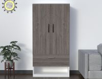 Mahmayi Modern Two Door Wardrobe with Drawer, Shoe Rack, and Ample Hanging Space Grey Brown White River Oak and Premium White Ideal for Bedroom Organization and Storage