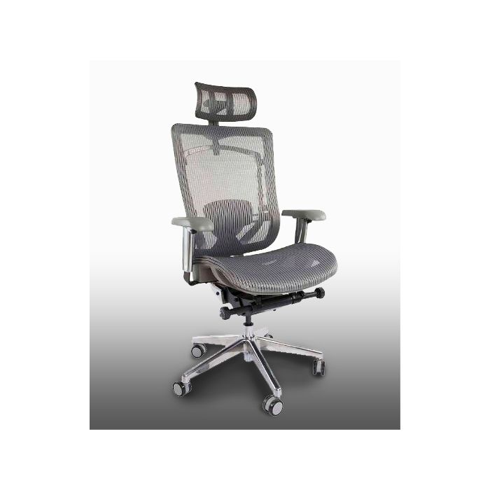 Grey high back mesh ergonomic office chair with adjustable headrest and polished aluminium base on white background