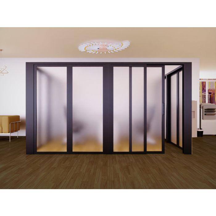 Mahmayi black aluminum framed full frosted glass sliding door partition shown open in a modern interior space