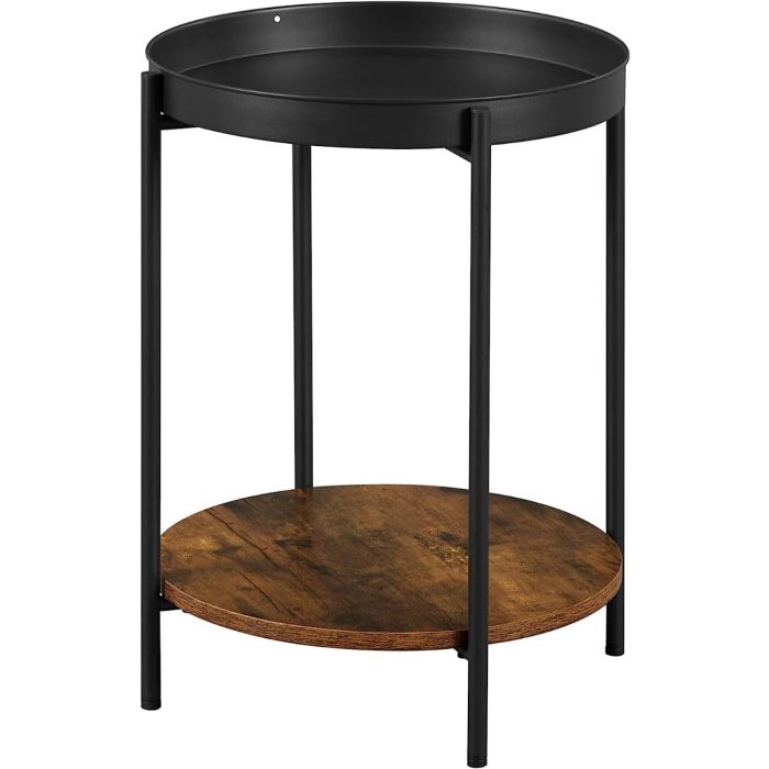 Round black tray top end table with brown lower shelf