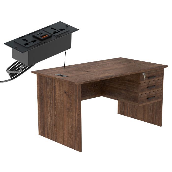 Mahmayi MP1 brown woodgrain writing desk with hanging pedestal and three drawers shown alongside BS01 black desktop power socket with USB ports