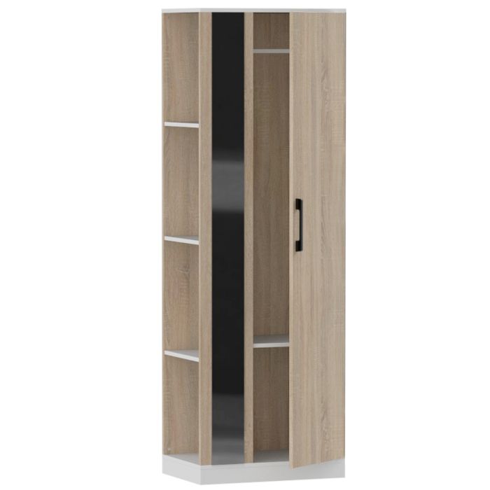 Tall wooden cabinet with light oak finish  black vertical panel  open shelves on the left  and a partially open door with handle on the right.