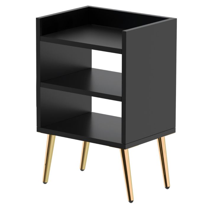 Black nightstand with three open shelves and gold legs