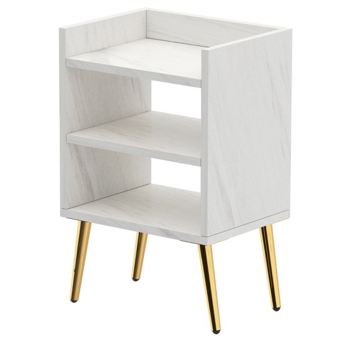 white marble effect nightstand with three open shelves and gold legs