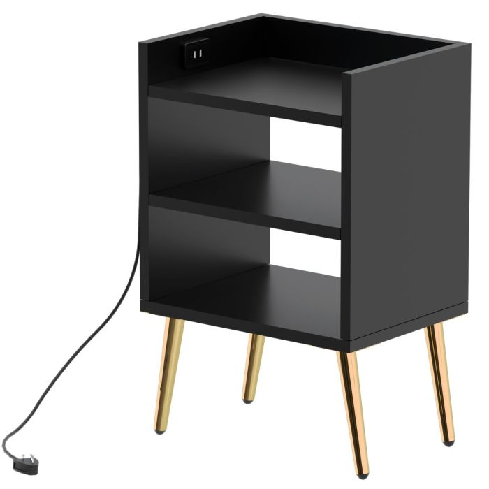Black nightstand with three open shelves gold legs and USB port