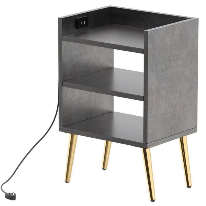 Anthracite nightstand with USB port gold legs and three open shelves